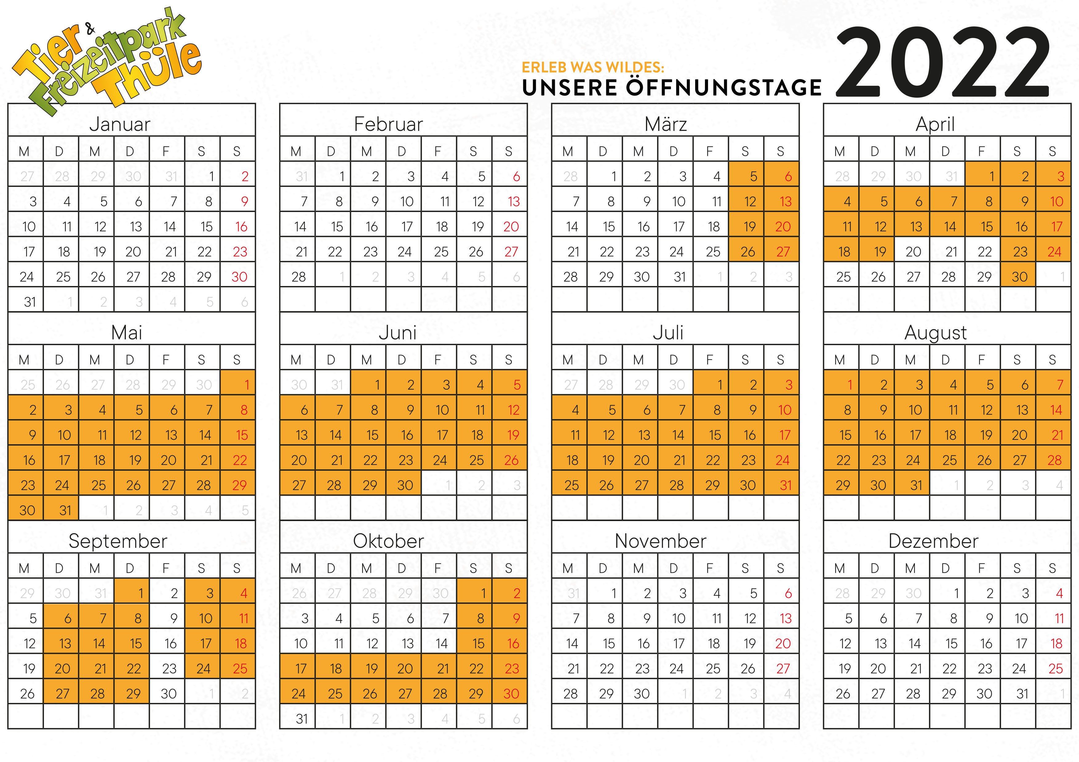 Kalender Öffnungstage 2022